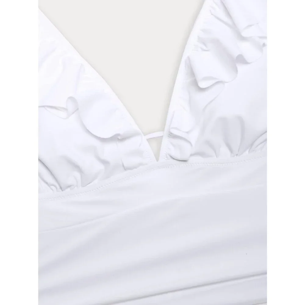 Women's White Ruffled One Piece Swimsuit V Neck Lace Up - Picture 5 of 5